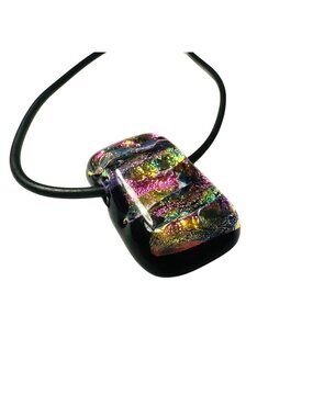 Handmade Dichroic Glass Pendant Necklace With Black Cord